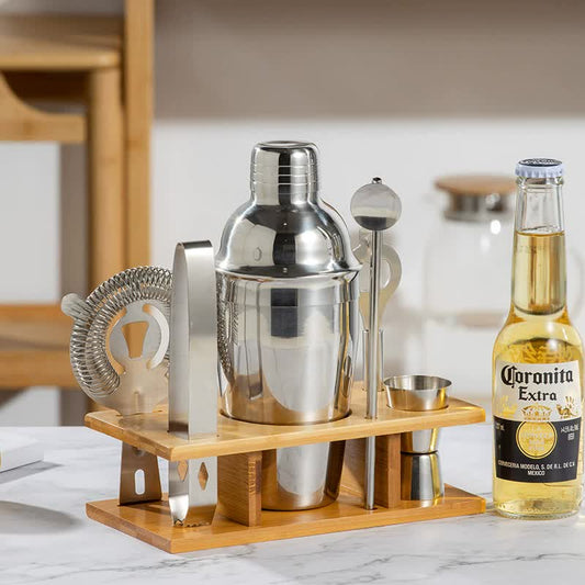 550ML 7-Piece Stainless Steel Cocktail Shaker Set with Bamboo Stand - Bartender Kit