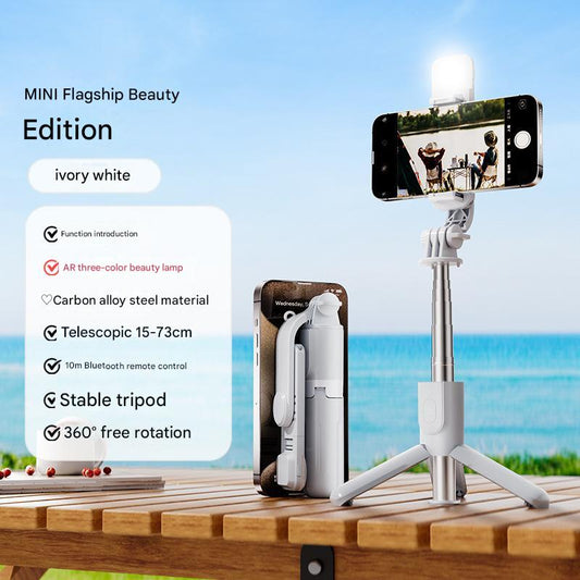 White With Light Portable Selfie Stick Tripod with Bluetooth Remote - Compact and Adjustable