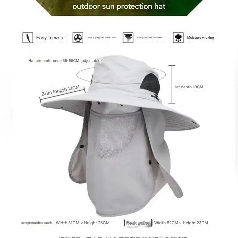 Light Grey Outdoor Sun Protection Hat with Detachable Face and Neck Flap - UPF 50+