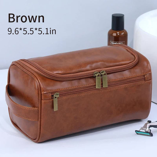 Brown Premium PU Leather Travel Toiletry Bag with Zipper Compartments