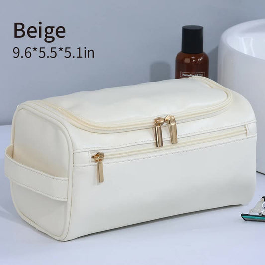 Beige Premium PU Leather Travel Toiletry Bag with Zipper Compartments