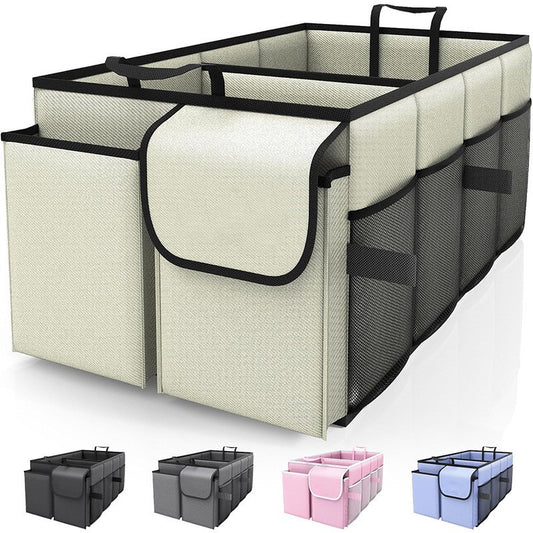 Beige 46L Car Organizer Storage Box with Multiple Compartments and Pockets