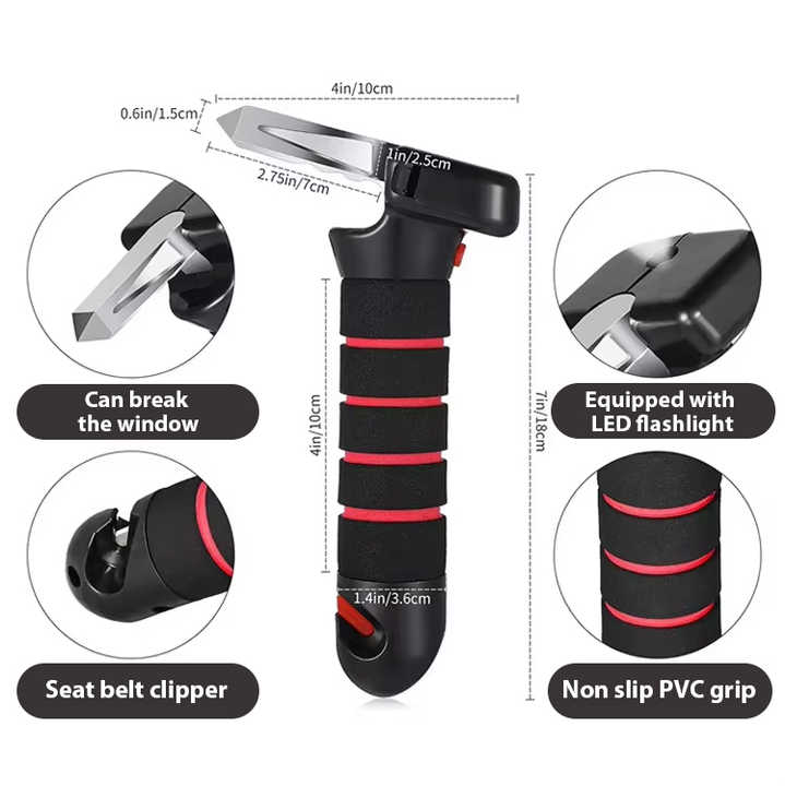 Red Emergency Car Window Breaker Tool with LED Flashlight - Compact, Safety & Multi-Purpose