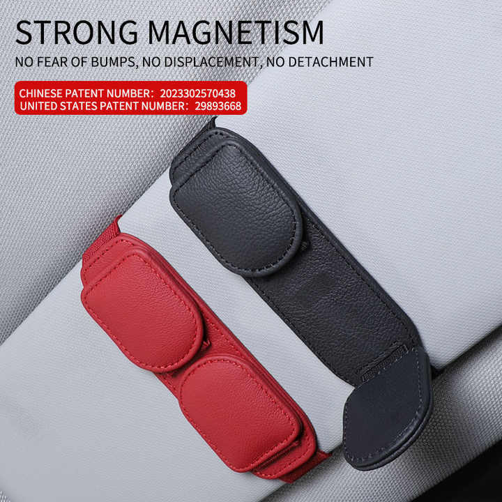 2 Pcs Black Magnetic Leather Car Sunglasses Clip – Dual-Use Multifunctional Card Holder, Premium Cowhide