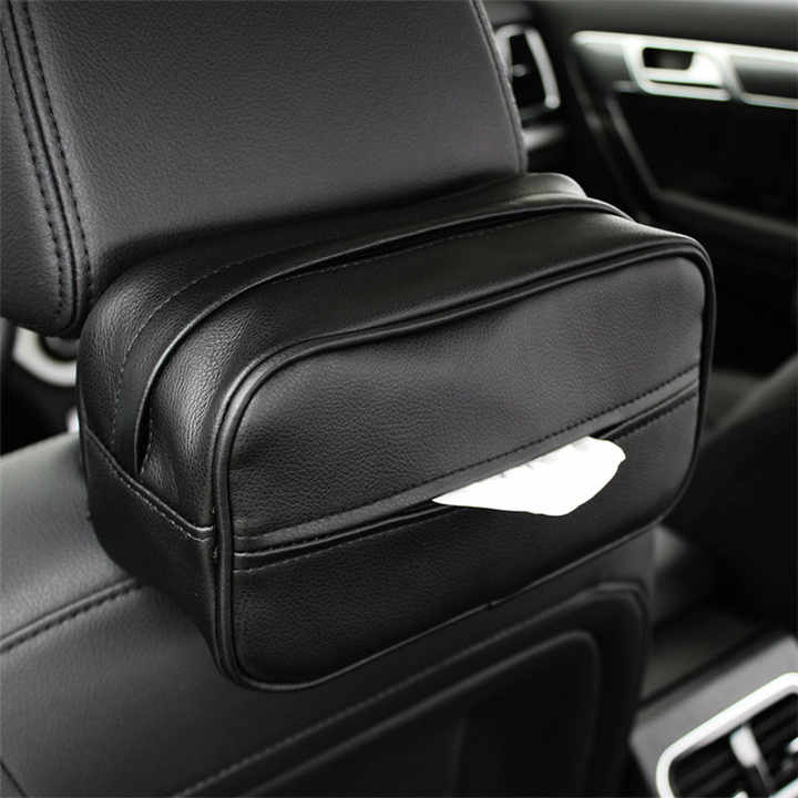 Black Multifunctional PU Leather Car Tissue Box Holder – Compact, Stylish, and Easy to Install with Headrest and Sun Visor Mounting Options