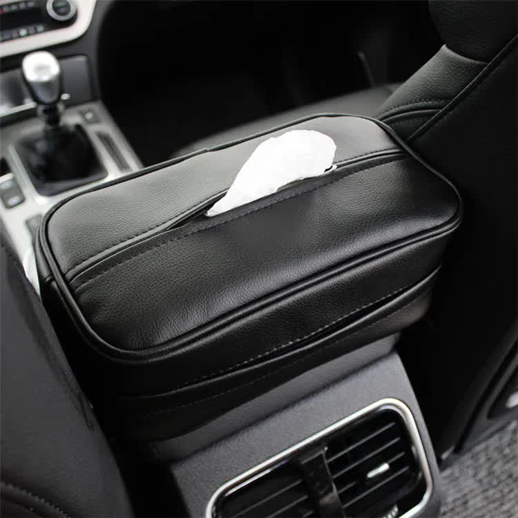 Black Multifunctional PU Leather Car Tissue Box Holder – Compact, Stylish, and Easy to Install with Headrest and Sun Visor Mounting Options