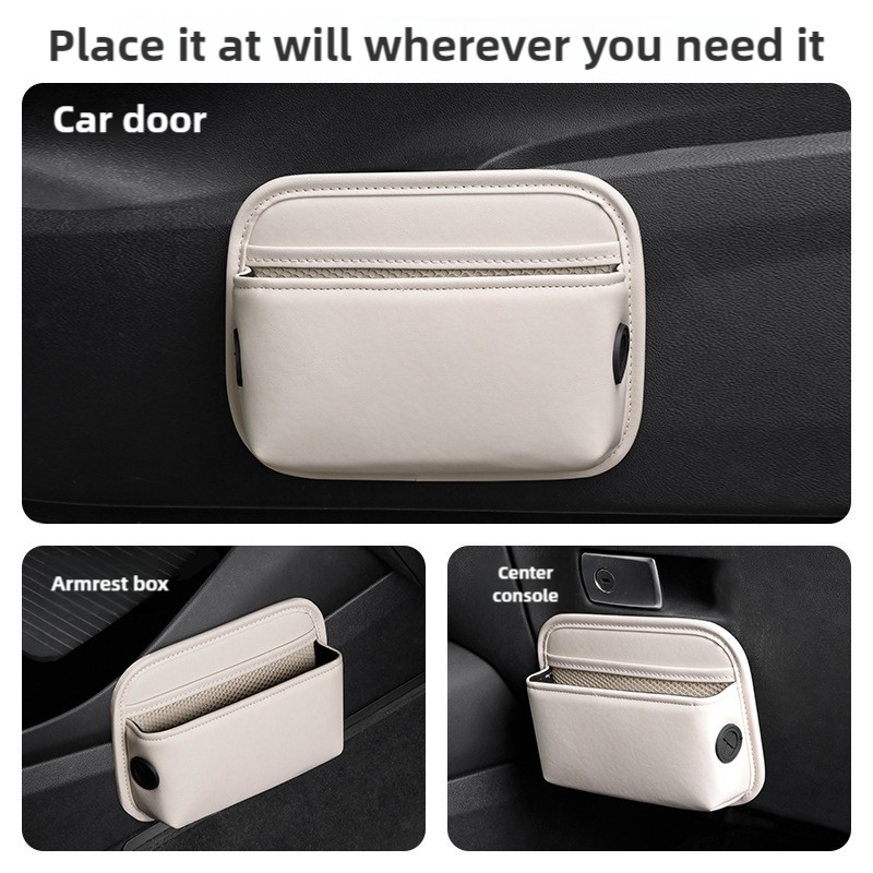 Black PU Leather Car Storage Organizer with Dual Charging Holes and Inner Mesh Pocket, Multi-functional Door Handle Hanging Bag for Phones and Accessories, Lightweight and Durable