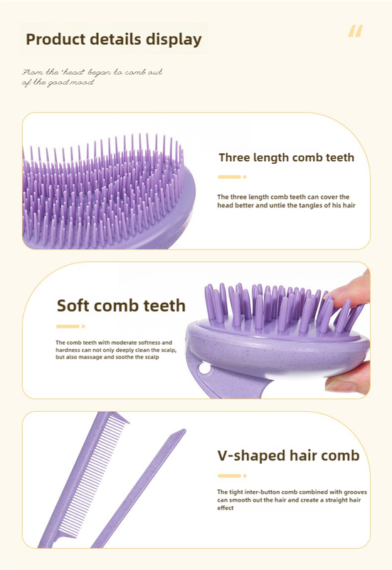 Purple Eco-Friendly Wheat Straw Hair Care Set - Massage Brush, Detangling Comb, and V-shaped Comb for All Hair Types