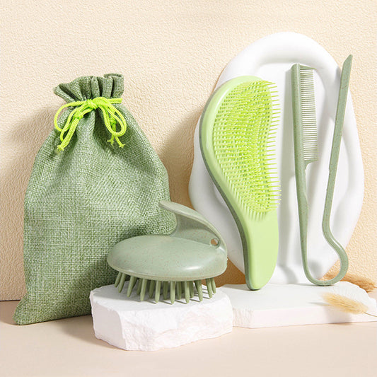 Green Eco-Friendly Wheat Straw Hair Care Set - Massage Brush, Detangling Comb, and V-shaped Comb for All Hair Types