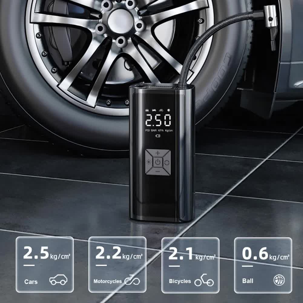 Black Portable Wireless Car Air Pump - Multi-Function Tire Inflator with Emergency Power Bank & LED Light