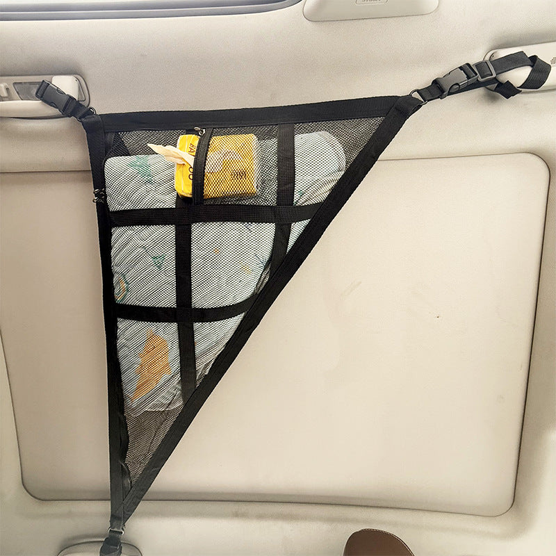 Black Car Roof Triangular Storage Net – Adjustable Ceiling Organizer for Vehicles