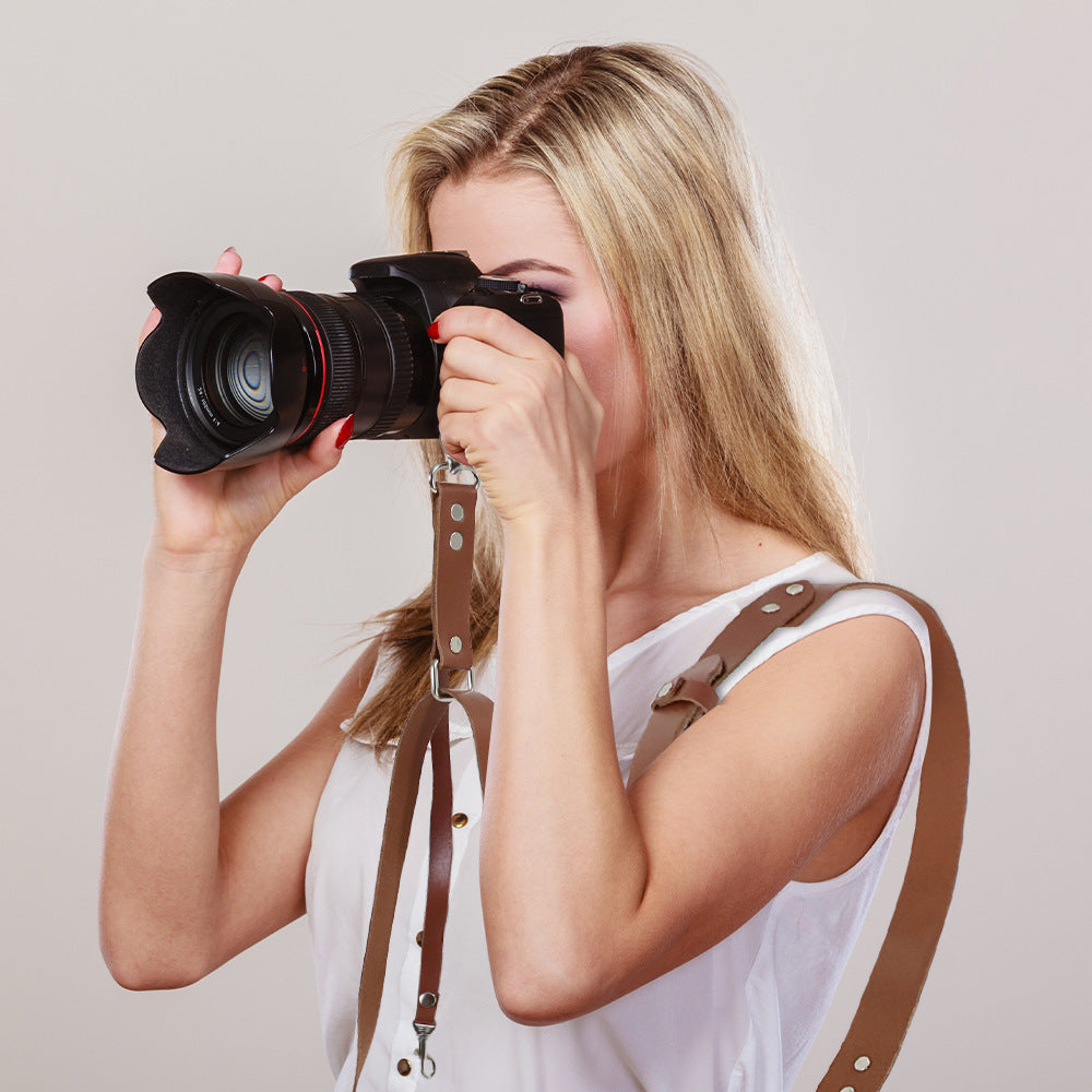 Coffee Adjustable Genuine Leather Camera Strap - Crossbody Shoulder Sling for DSLR/SLR(The camera is a prop and is not included)