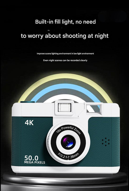 Compact 4K Digital Camera - 50MP, 16x Zoom, 2.4-inch IPS Screen, WiFi & Fill Light - Retro CCD Style(Yellow)