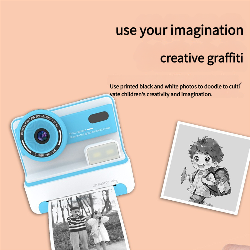 Kids Instant Print Camera - Creative Drawing & Photo Fun with Thermal Printing(Blue+64GB memory card)