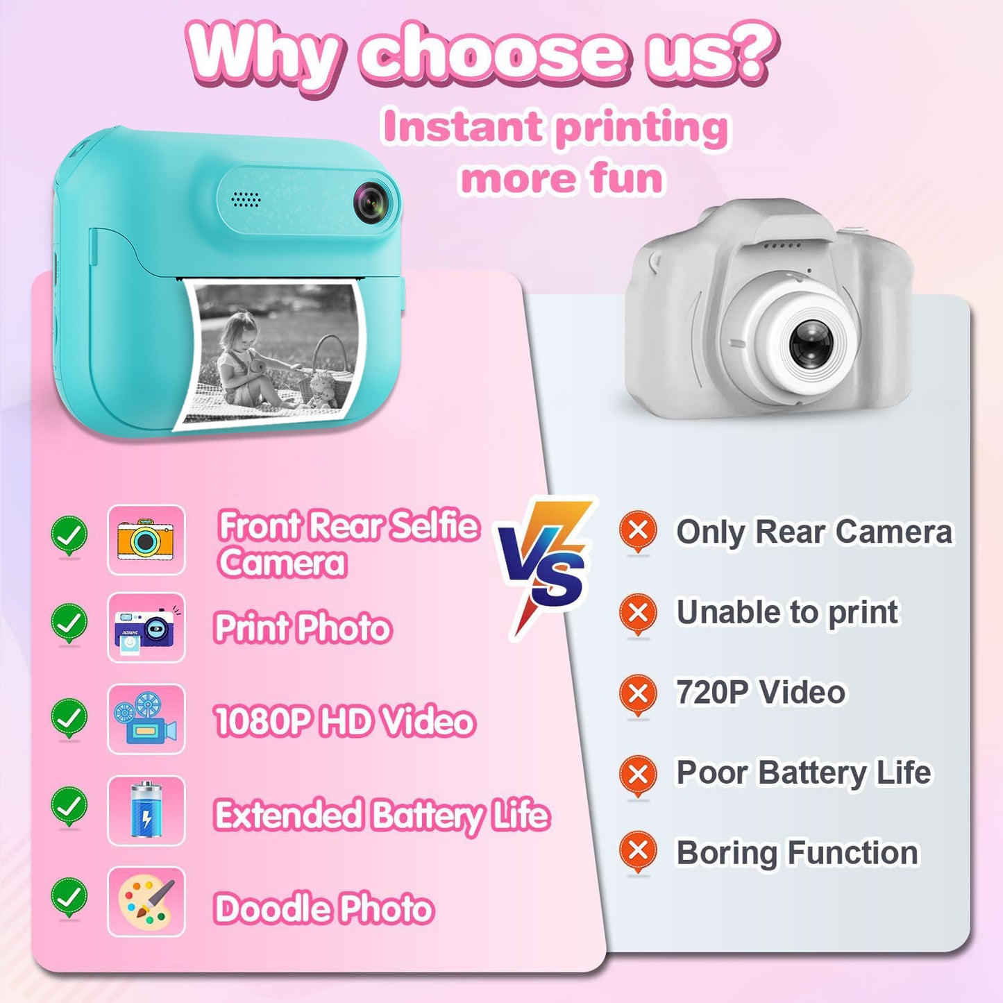 Kids Multi-Functional Camera Toy - Instant B&W Printing & Creative Stickers(yellow)