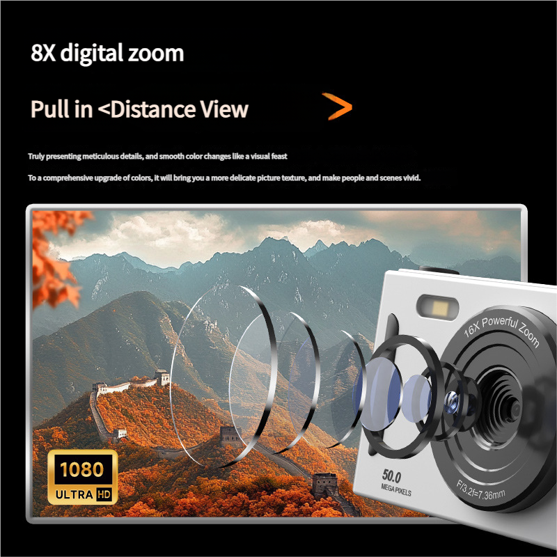 50MP HD Digital Camera with 8X Zoom & Dual Lens System(silvery)