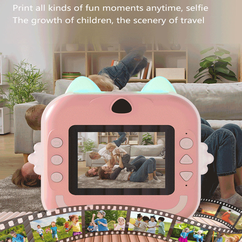 Pink cat Kids Instant Print Camera Zero Ink Digital Video Recorder with 32GB Card and 3 Paper Rolls Portable Rechargeable Toy Gift
