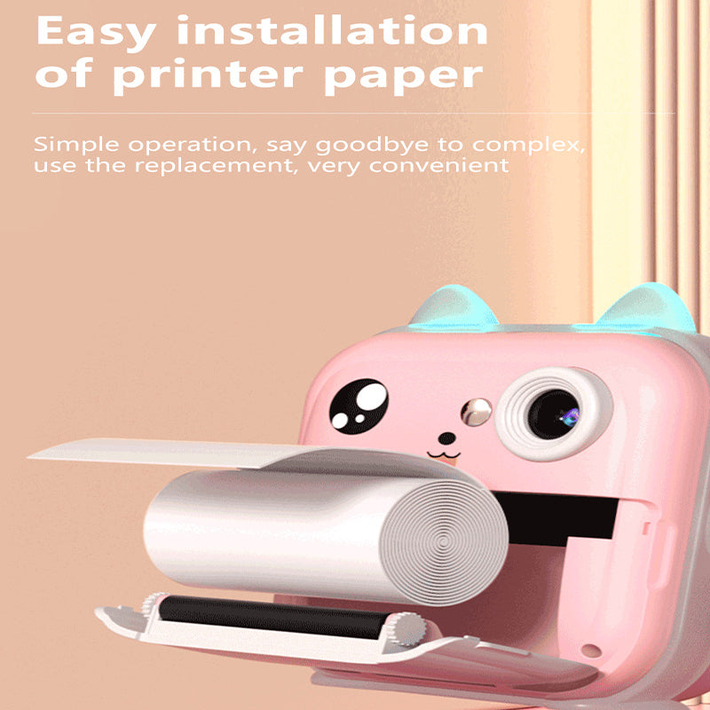 Pink cat Kids Instant Print Camera Zero Ink Digital Video Recorder with 32GB Card and 3 Paper Rolls Portable Rechargeable Toy Gift