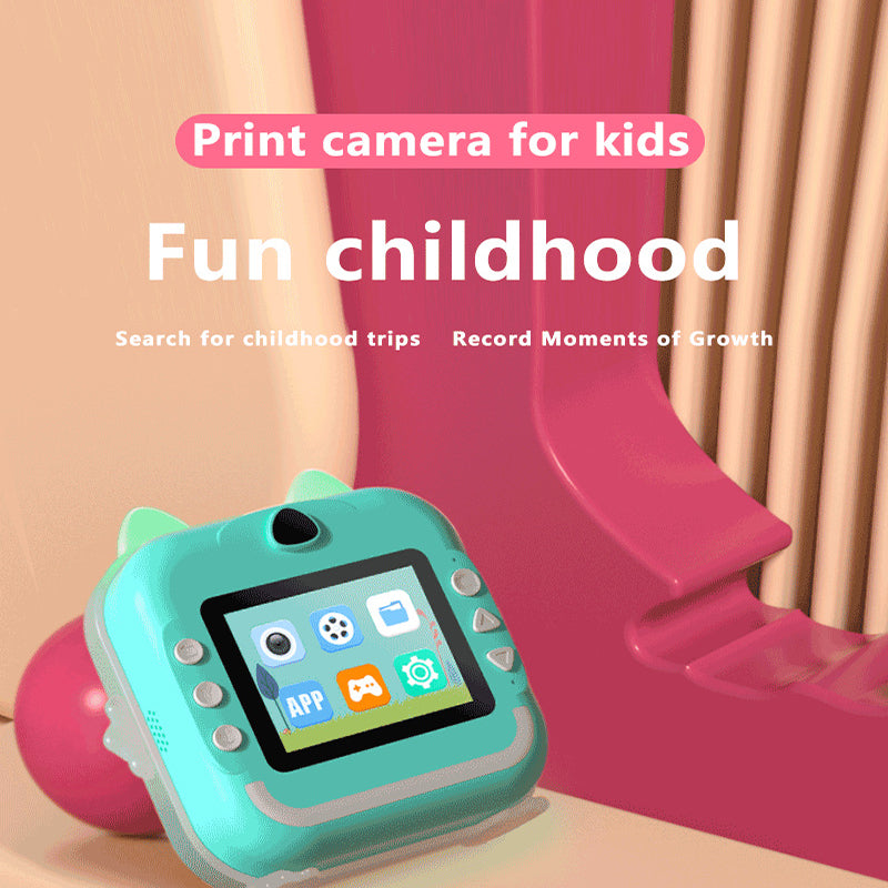 Pink cat Kids Instant Print Camera Zero Ink Digital Video Recorder with 32GB Card and 3 Paper Rolls Portable Rechargeable Toy Gift