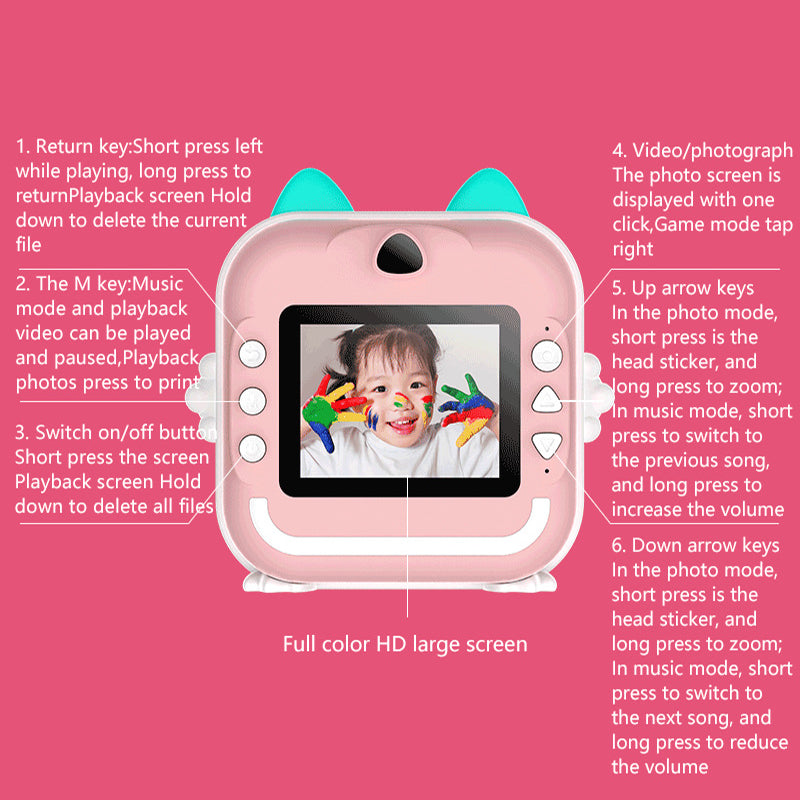 Pink cat Kids Instant Print Camera Zero Ink Digital Video Recorder with 32GB Card and 3 Paper Rolls Portable Rechargeable Toy Gift