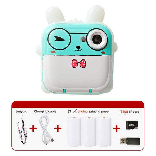 Blue rabbit Kids Instant Print Camera Zero Ink Digital Video Recorder with 32GB Card and 3 Paper Rolls Portable Rechargeable Toy Gift