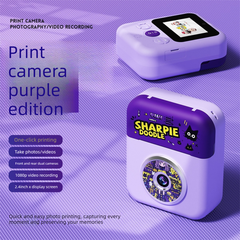 Kids Instant Print Camera with 3 Paper Rolls - Zero Ink Thermal Digital Camera & Video Recorder - 1080P Dual Lens Selfie Toy for Boys & Girls - Purple