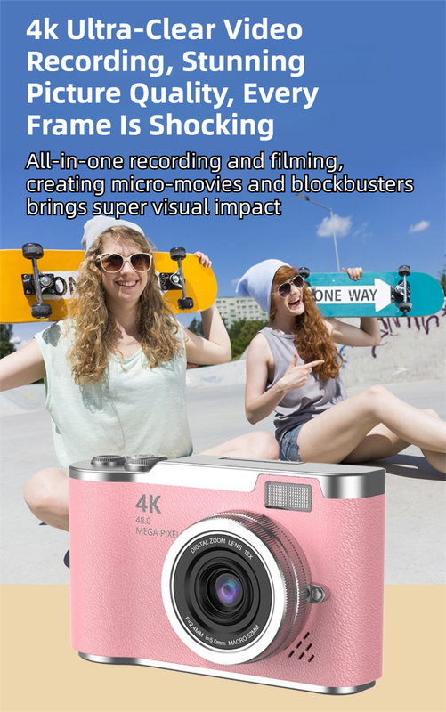 Pink 4K Compact Digital CCD Camera for Vlogging & Students - Portable Point and Shoot with 2.4-inch Rotating Screen, 8X Optical Zoom, and Anti-Shake