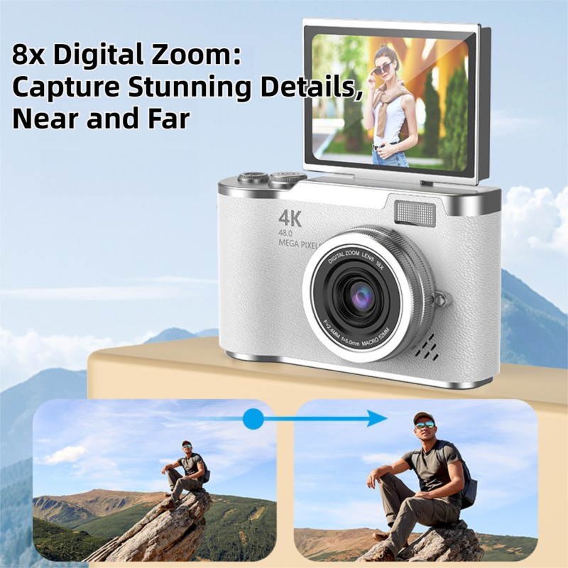 Green 4K Compact Digital CCD Camera for Vlogging & Students - Portable Point and Shoot with 2.4-inch Rotating Screen, 8X Optical Zoom, and Anti-Shake