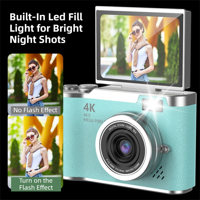 Green 4K Compact Digital CCD Camera for Vlogging & Students - Portable Point and Shoot with 2.4-inch Rotating Screen, 8X Optical Zoom, and Anti-Shake