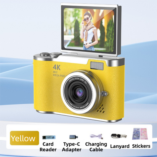 Yellow 4K Compact Digital CCD Camera for Vlogging & Students - Portable Point and Shoot with 2.4-inch Rotating Screen, 8X Optical Zoom, and Anti-Shake