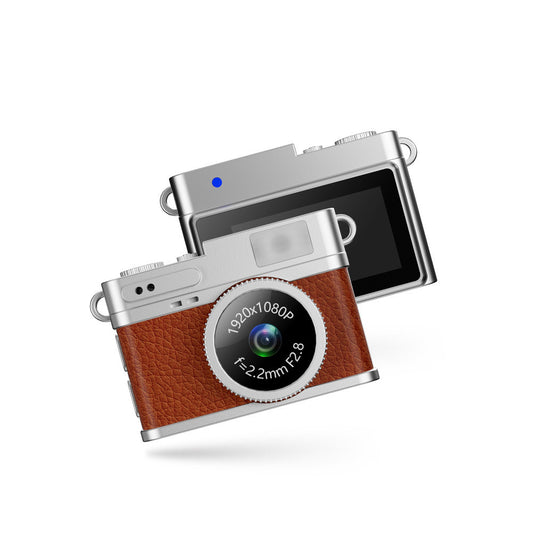 Retro Style Ultra-Mini Thumb Cam for Vlogging (Brown) - Portable Digital Photo & Video Recorder with 32GB Memory Card & 0.96" Screen, Free Wearable Keychain & Necklace