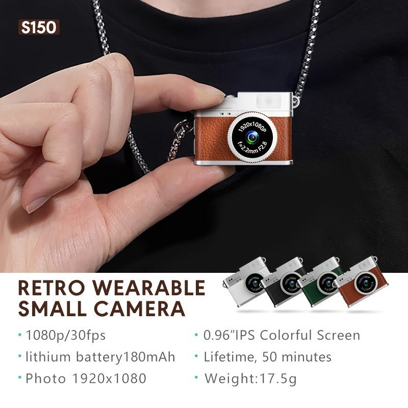 Retro Style Ultra-Mini Thumb Cam for Vlogging (Brown) - Portable Digital Photo & Video Recorder with 32GB Memory Card & 0.96" Screen, Free Wearable Keychain & Necklace