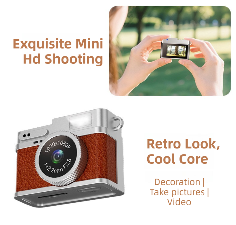 Retro Style Ultra-Mini Thumb Cam for Vlogging (Brown) - Portable Digital Photo & Video Recorder with 32GB Memory Card & 0.96" Screen, Free Wearable Keychain & Necklace