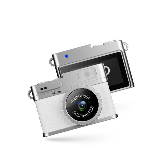 Retro Style Ultra-Mini Thumb Cam for Vlogging (White) - Portable Digital Photo & Video Recorder with 32GB Memory Card & 0.96" Screen, Free Wearable Keychain & Necklace