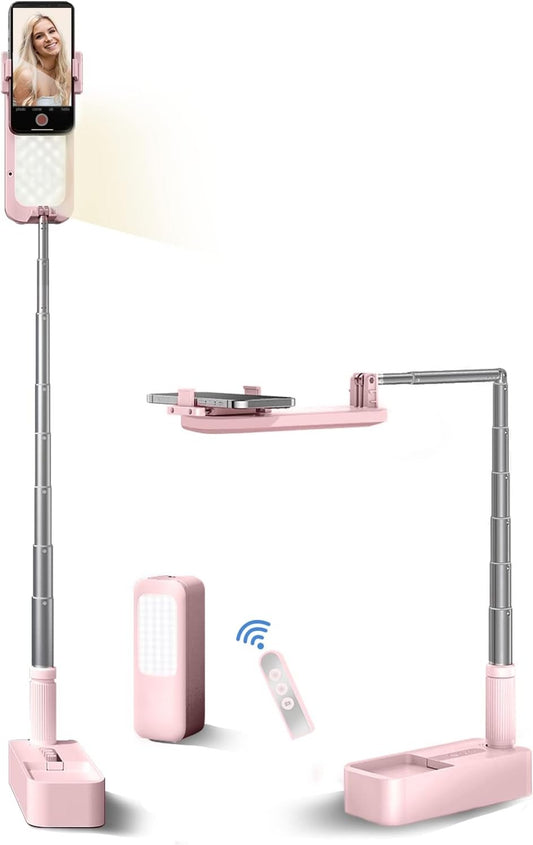 Selfie Stand with 360° Rotates Phone Holder, Foldable/Rechargeable/Wireless/Overhead Recording with 1000mah Battery for Live Stream/Make up/YouTube/Tiktok/Vlog, 7 Brightness LED Light(Pink)
