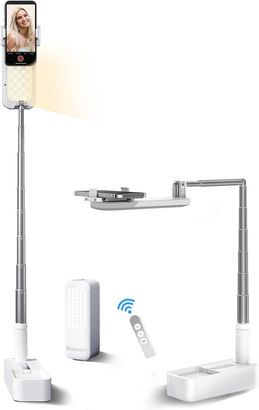 Selfie Stand with 360° Rotates Phone Holder, Foldable/Rechargeable/Wireless/Overhead Recording with 1000mah Battery for Live Stream/Make up/YouTube/Tiktok/Vlog, 7 Brightness LED Light(White)