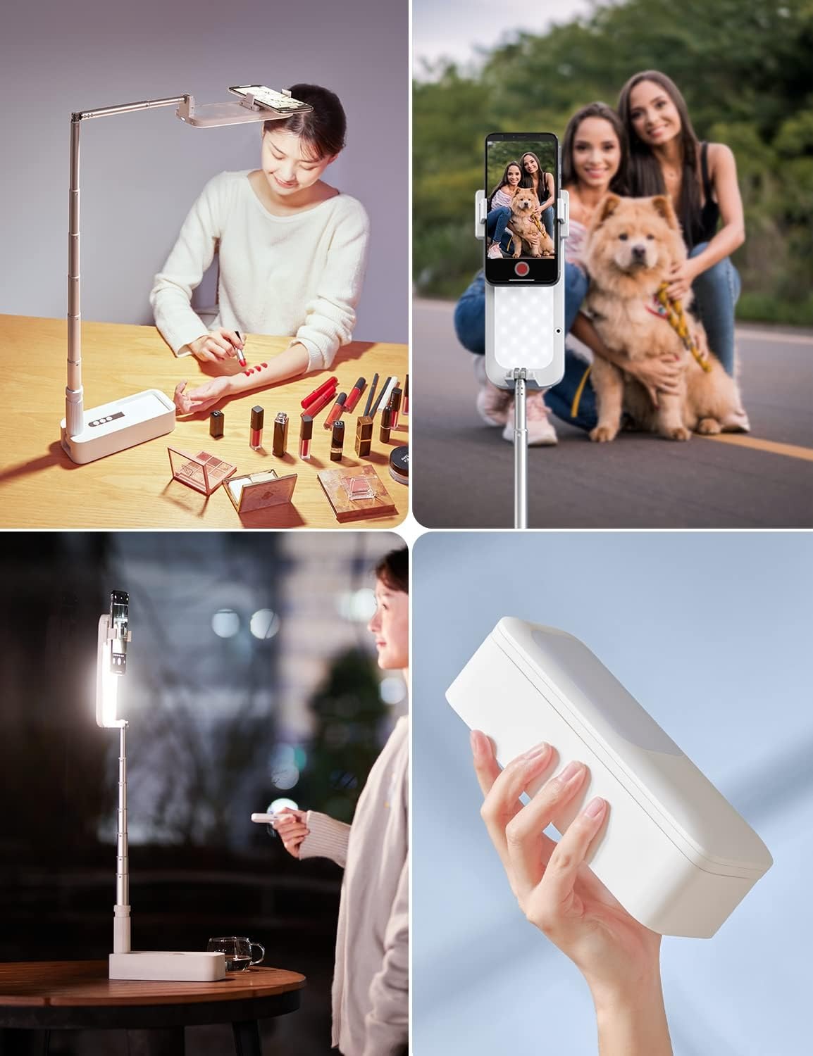 Selfie Stand with 360° Rotates Phone Holder, Foldable/Rechargeable/Wireless/Overhead Recording with 1000mah Battery for Live Stream/Make up/YouTube/Tiktok/Vlog, 7 Brightness LED Light(White)