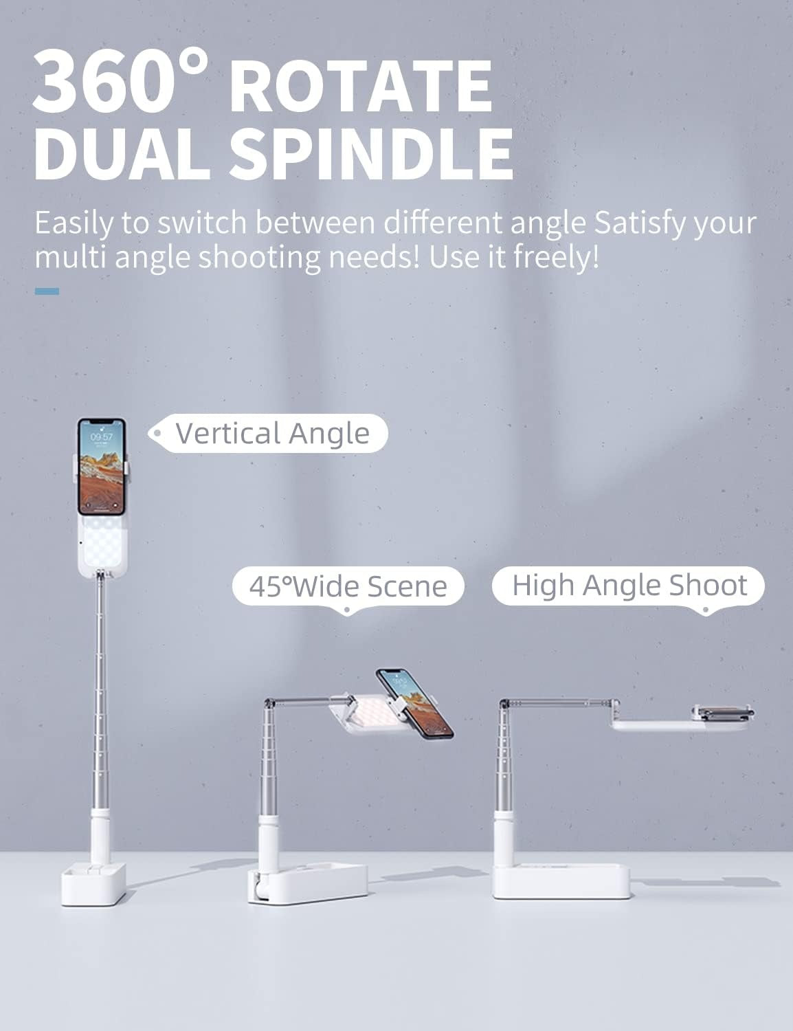 Selfie Stand with 360° Rotates Phone Holder, Foldable/Rechargeable/Wireless/Overhead Recording with 1000mah Battery for Live Stream/Make up/YouTube/Tiktok/Vlog, 7 Brightness LED Light(White)