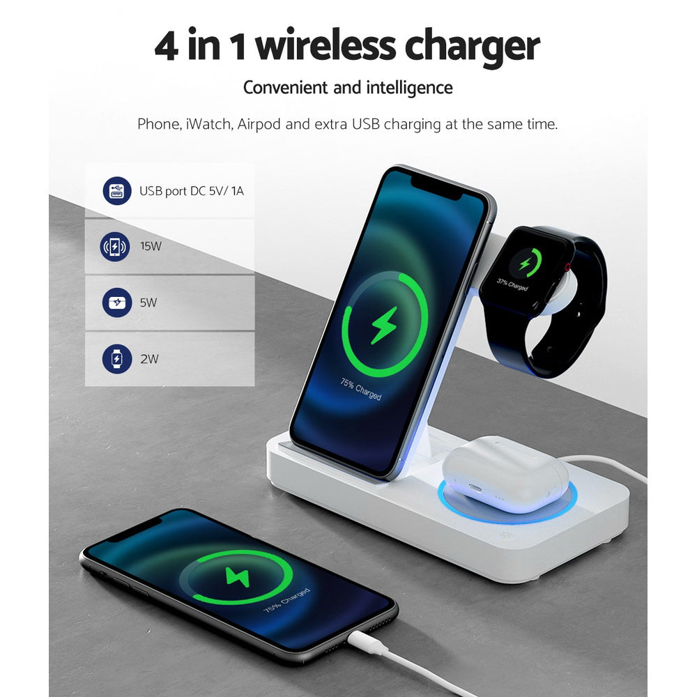 Devanti 4-in-1 Wireless Charger Dock Fast Charging for Phone White