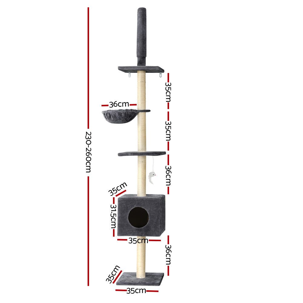 i.Pet Cat Tree 260cm Tower Scratching Post Scratcher Floor to Ceiling Cats Bed Dark Grey - SEKSI